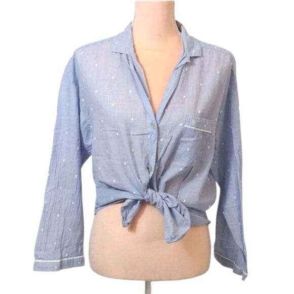 🎁 Victoria's Secret 2016 Blue Embroidered Button Up Night Shirt Medium - Picture 1 of 11